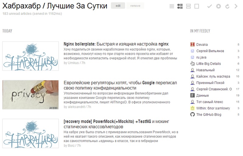 Страница чтения RSS-ленты в Feedly